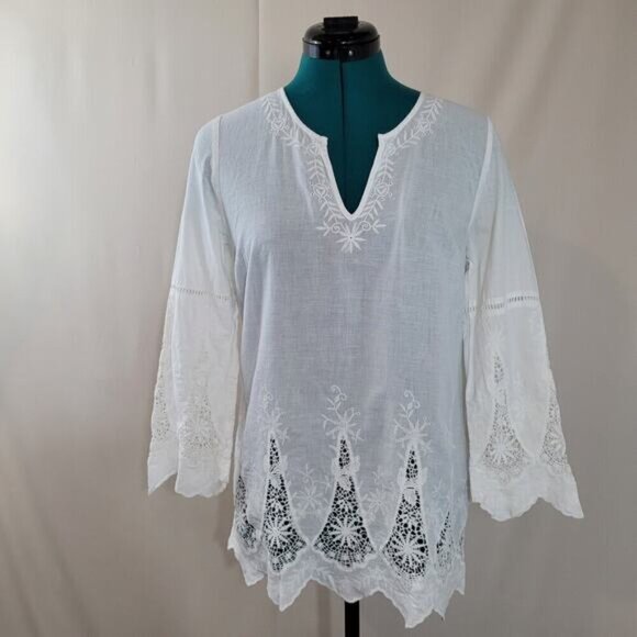 Joie Kaftan Inspired Blouse with Crochet Lace Trim - Size Large - Picture 2 of 8